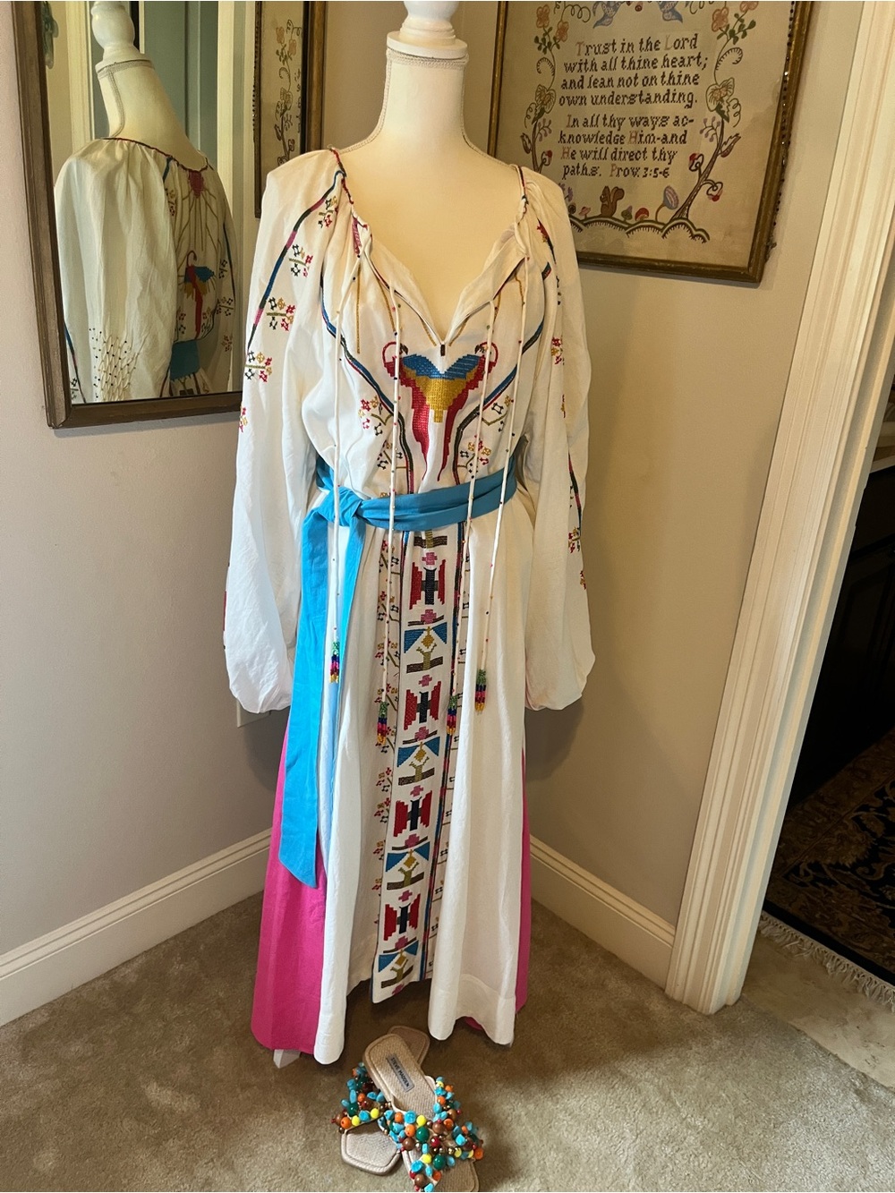 FARM Rio White Embroidered Maxi Dress with Pink Panel and Blue Sash